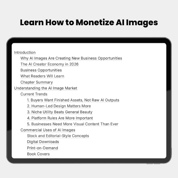 Learn how to monetize AI images - 2026 ebook cover for building an AI image business
